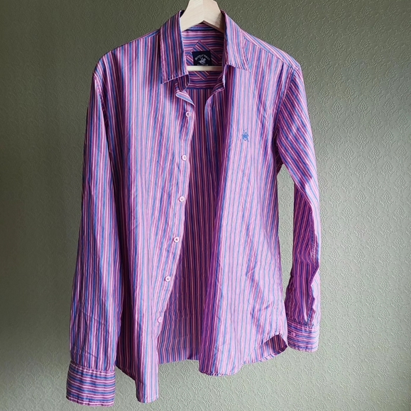 Blue + Pink Striped Mens Oversized Beverly Hills Polo Club Button Up - Picture 2 of 3
